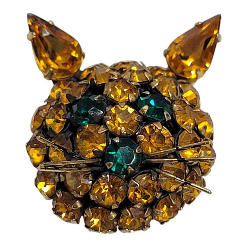 Vintage La Roco Amber Rhinestone Cat Face Brooch Green Eyes Kitty Kitten Pin